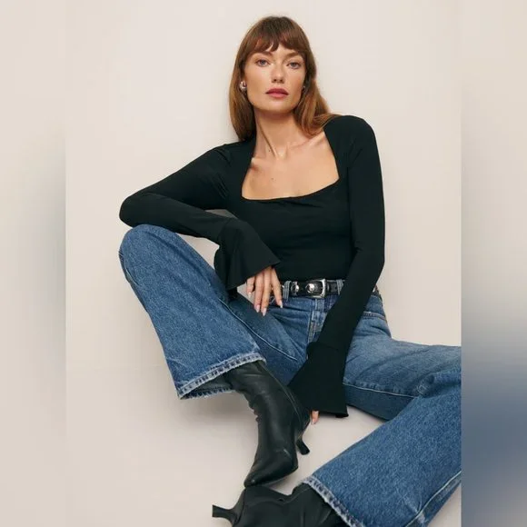 NEW Reformation Luca Long Sleeve Knit Top in Black | size S - Picture 2 of 7